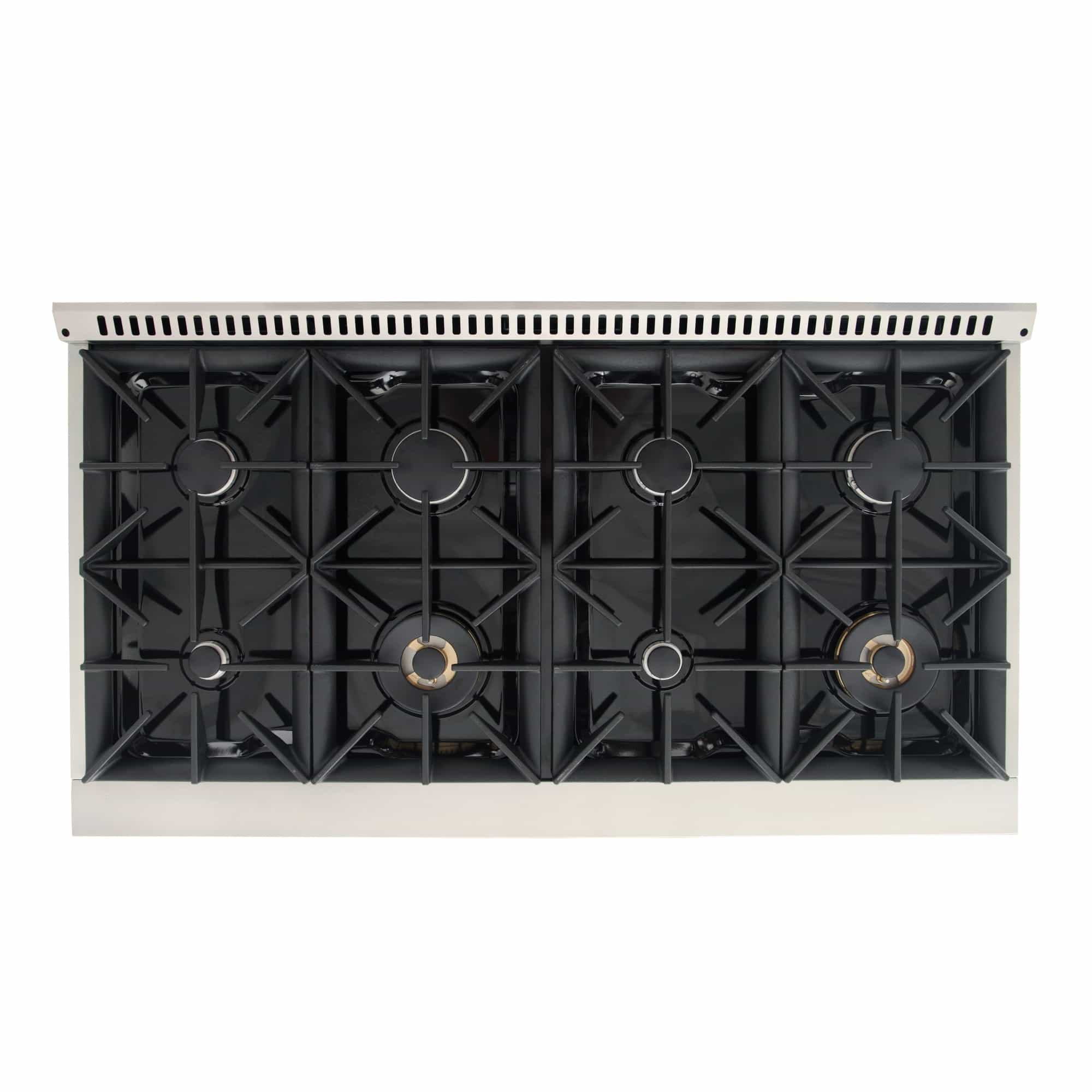 Dual fuel range burner grates with six round burner caps and black cooktop surface