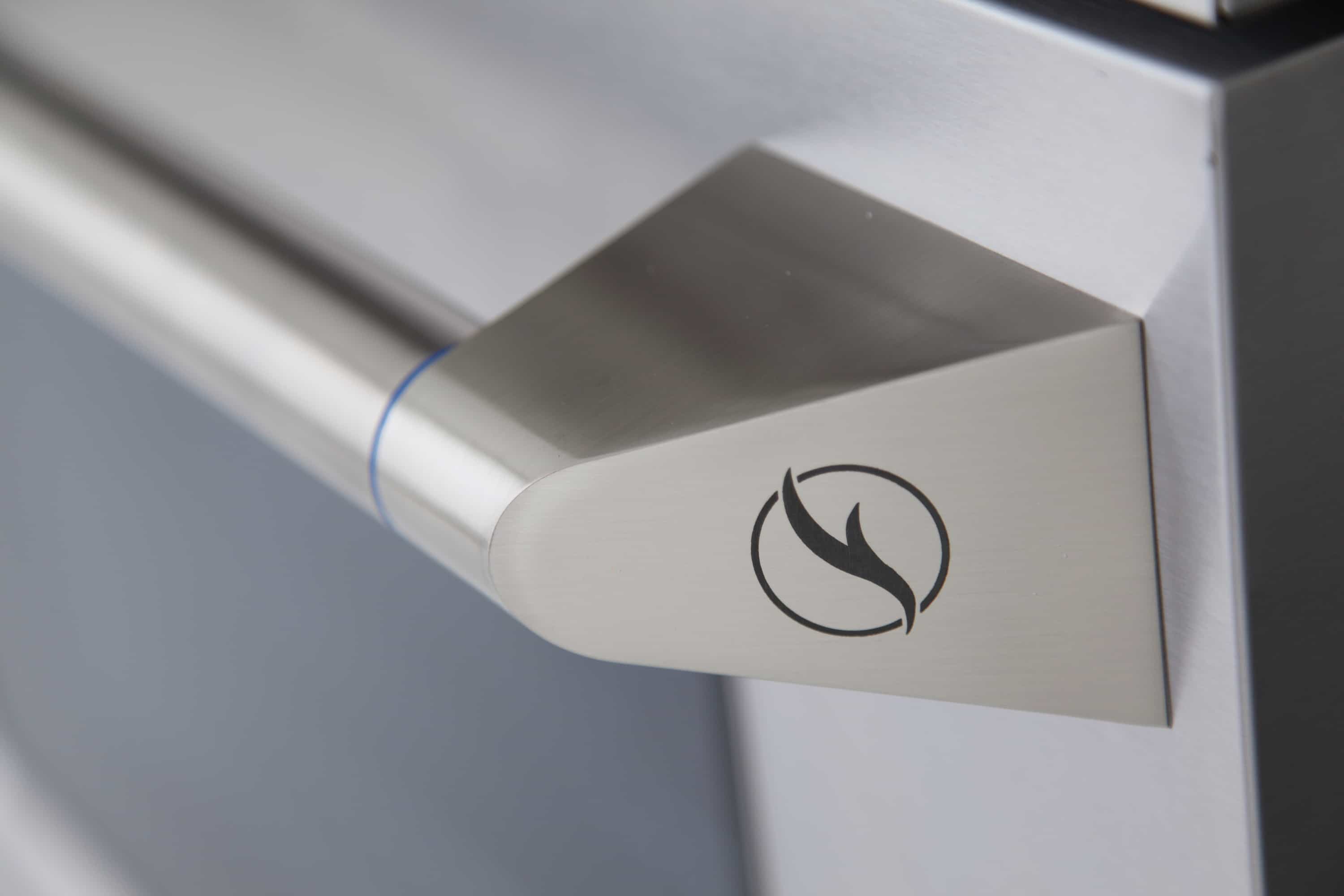 Stainless steel oven handle end cap with flame icon