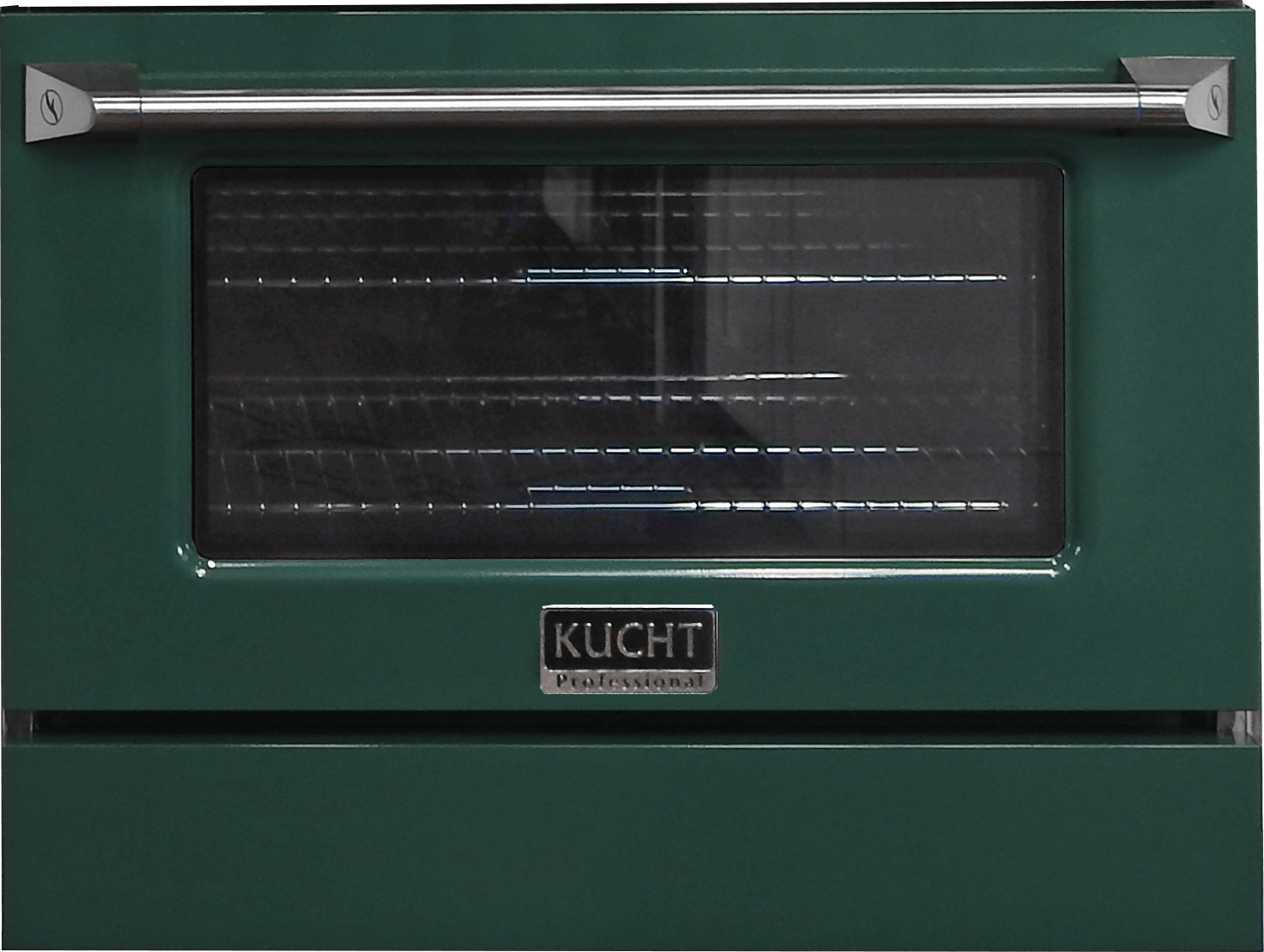 Green oven door with large window and KUCHT Professional badge