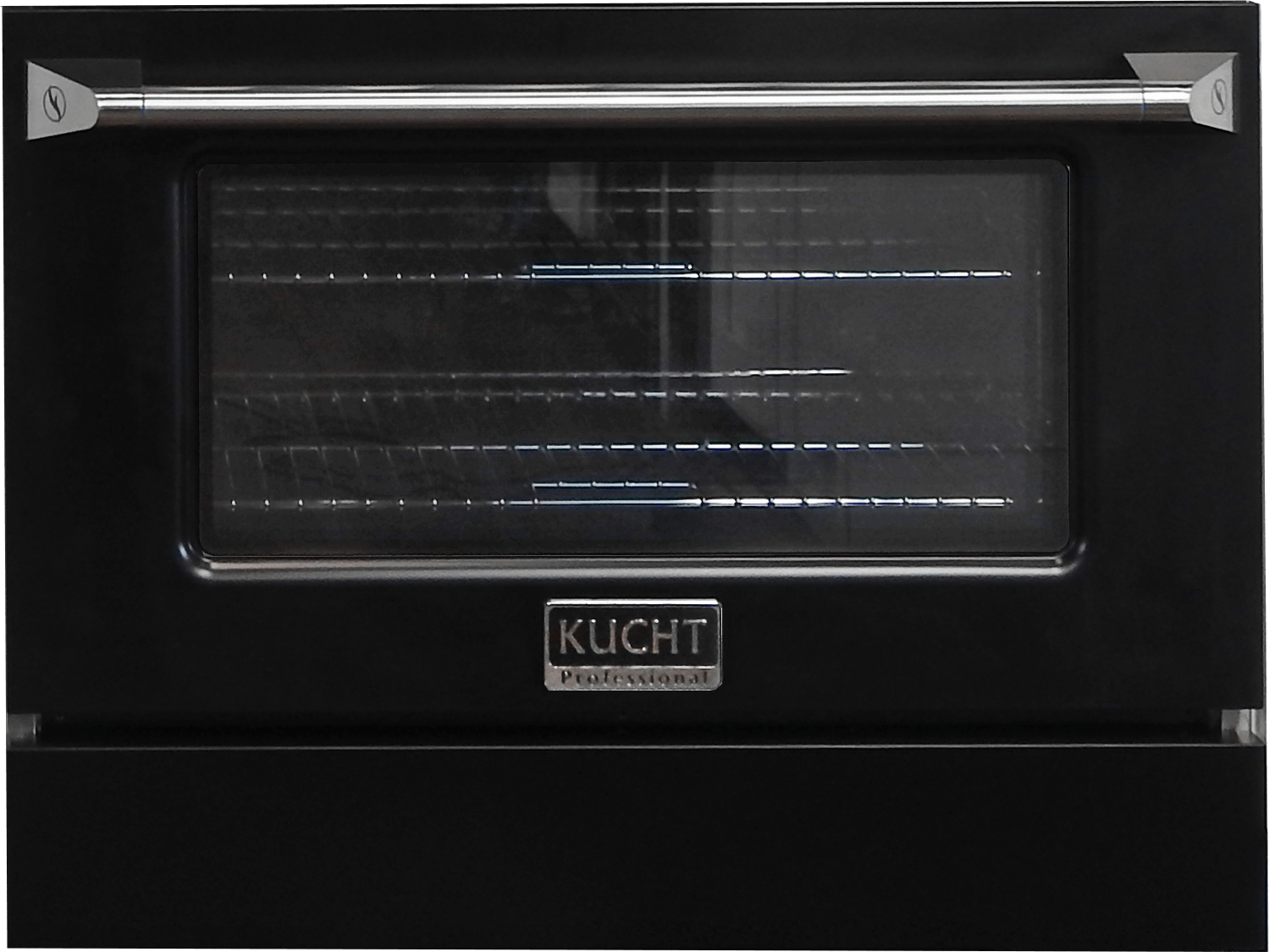 Black oven door with stainless handle and internal heating element visible