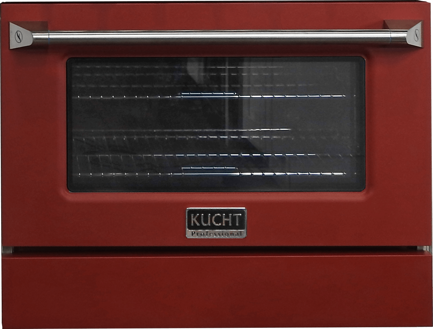 Red pro-style dual fuel range oven door with glass window and stainless handle
