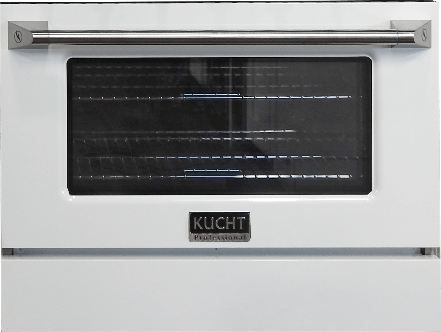 White oven door with glass window, stainless handle, and Kucht logo