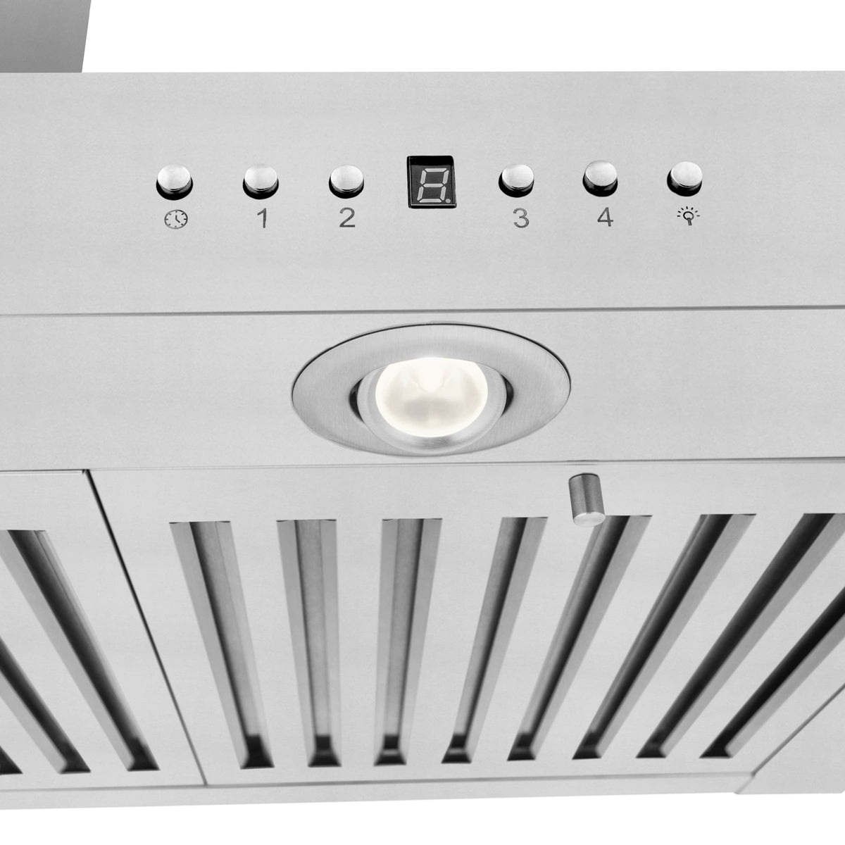 Stainless steel range hood control panel with LED display, buttons, and recessed light