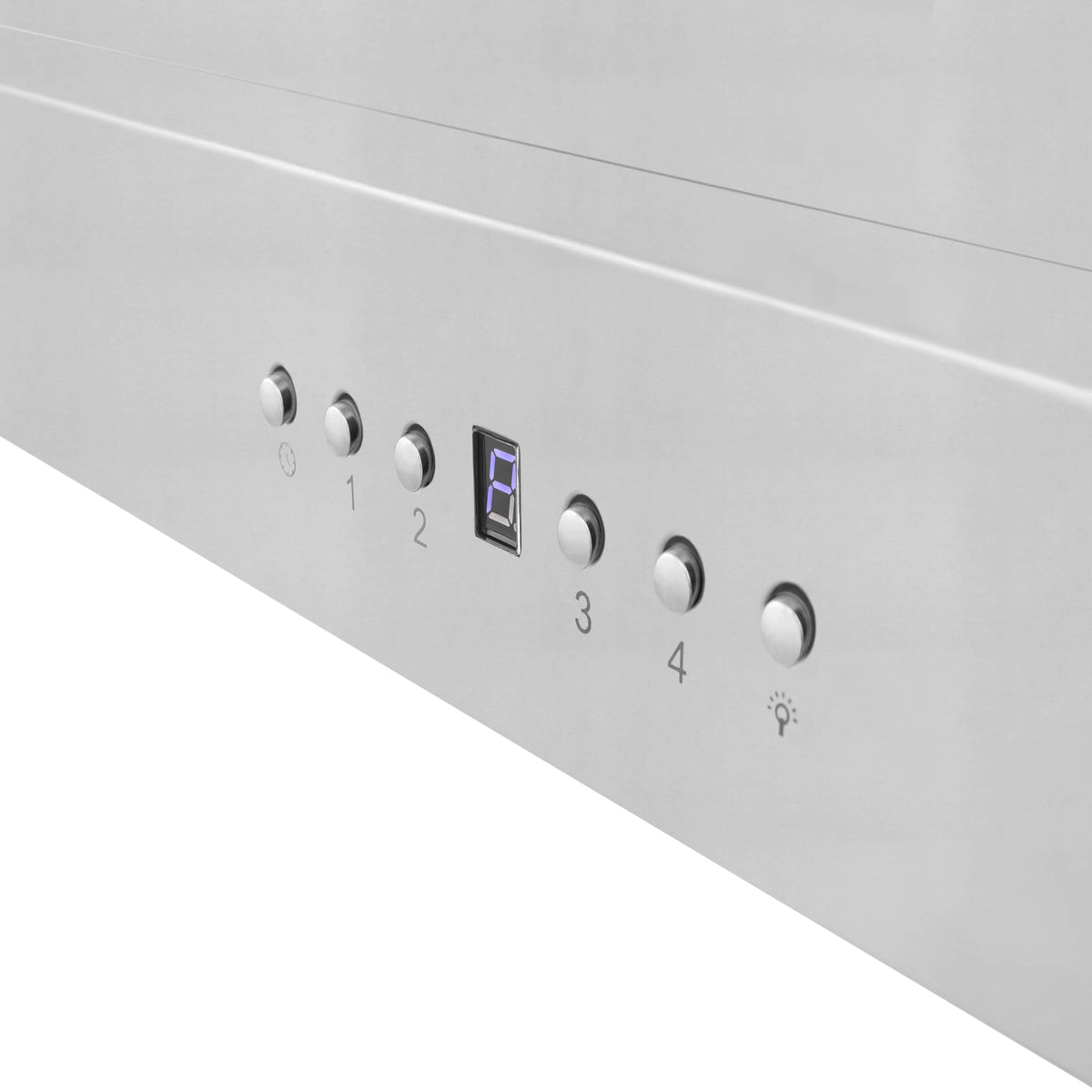 Stainless steel range hood side control panel with numbered buttons and paw-print icon