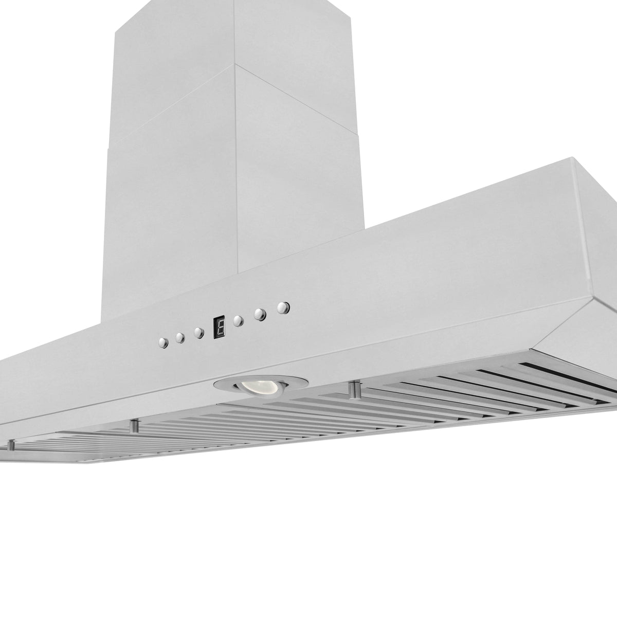 Stainless steel range hood underside with vent filters and round recessed light
