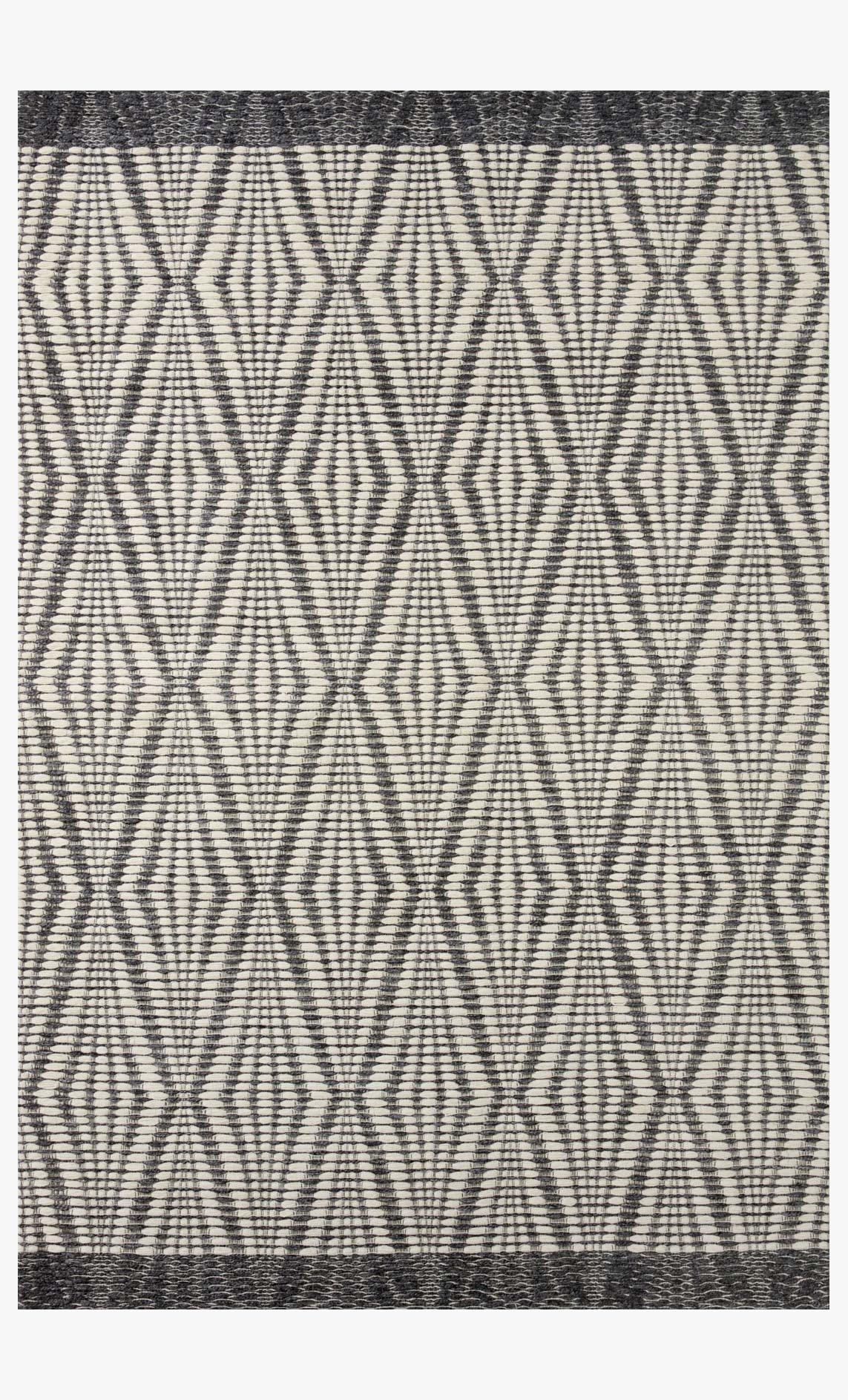 Ivory and charcoal hand-woven rug with repeating diamond geometric pattern, bordered edge