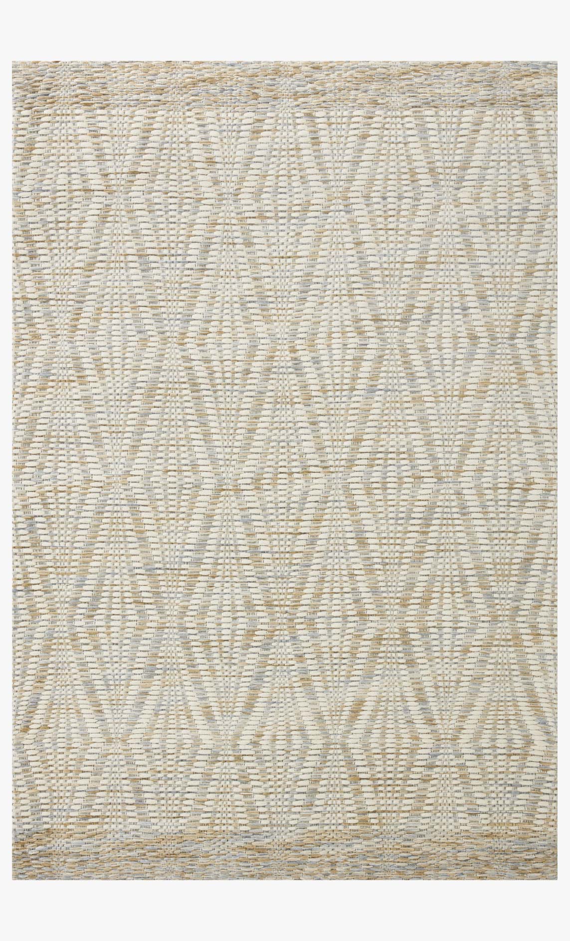 Contemporary hand-woven rug in ivory and sand with diamond geometric pattern.