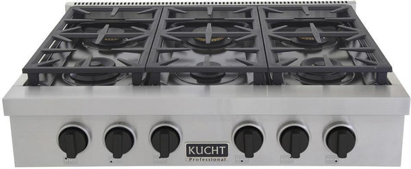 Kucht 36-Inch 6 Burner Gas Rangetop in Stainless Steel with Toxedo Black Knob (KFX369T-K)