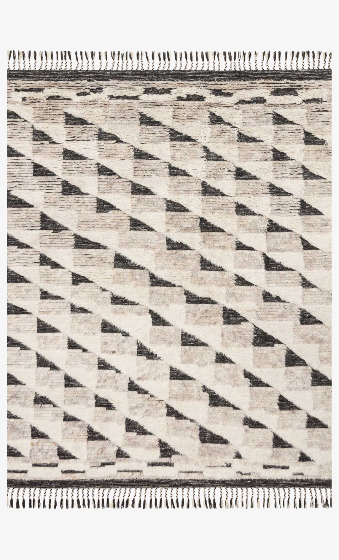 Hand-knotted natural and black geometric rug with zigzag motif and fringed sides