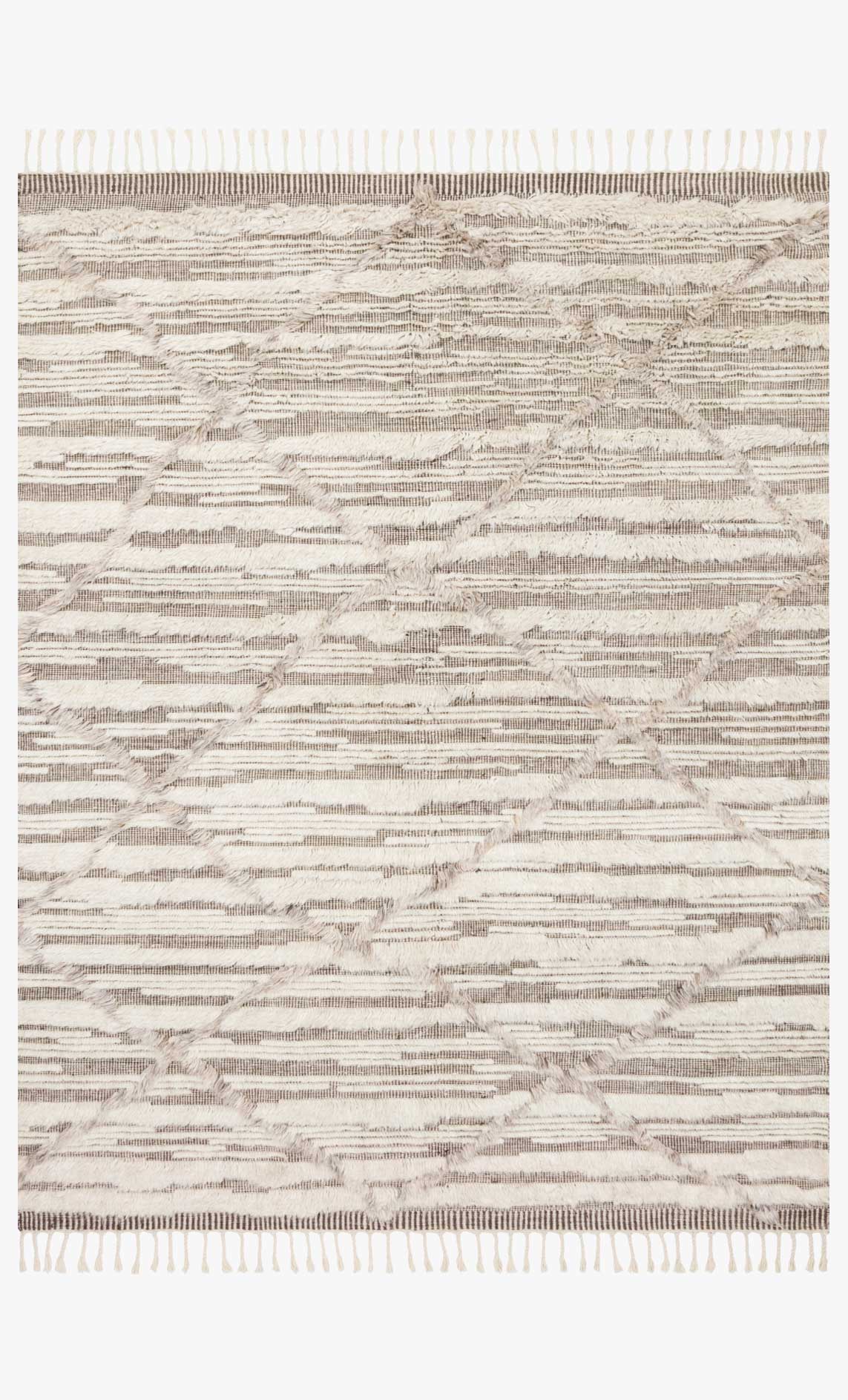 Ivory and taupe hand-knotted rug with geometric stripe pattern and fringe border
