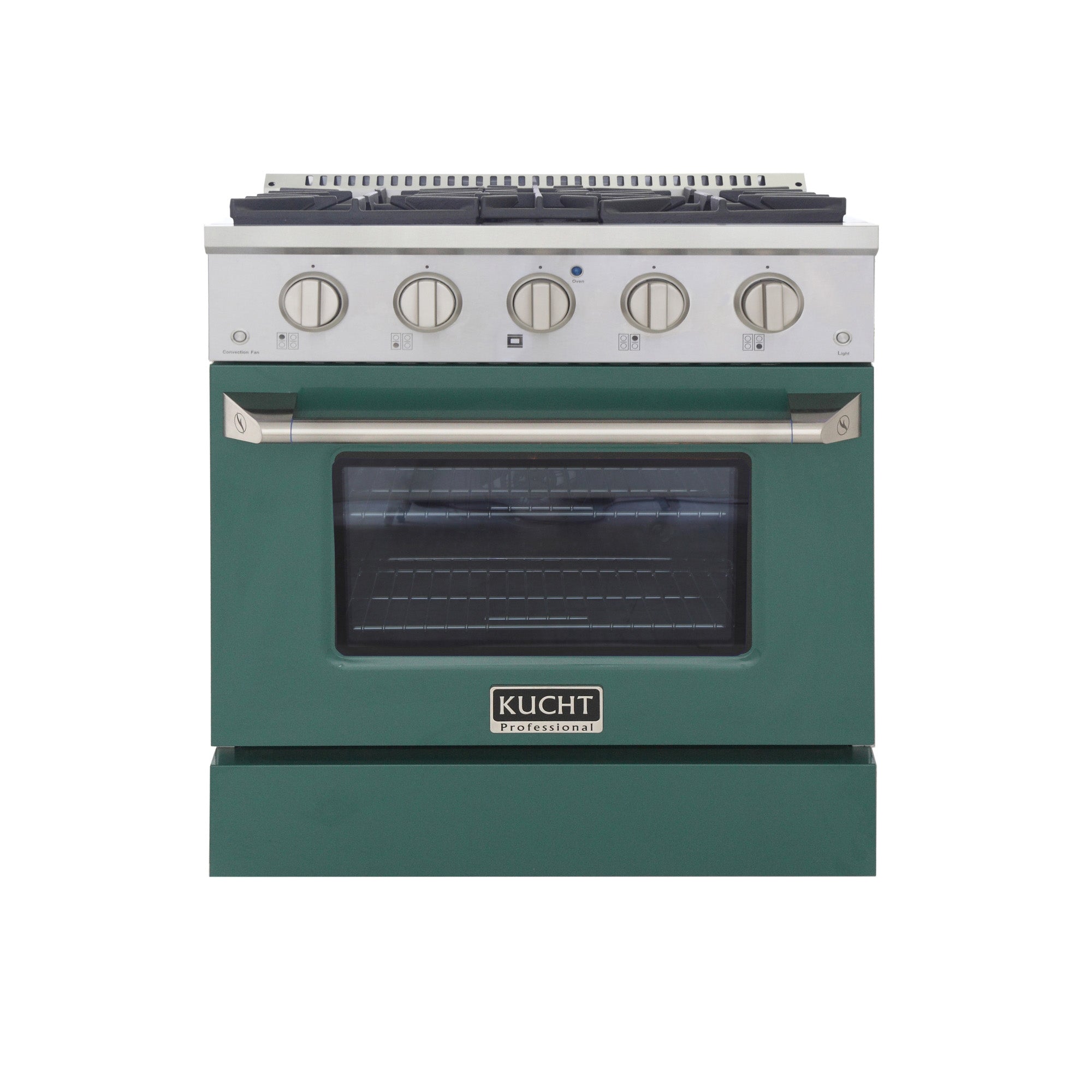 Stainless steel and green dual-fuel range front with control knobs and closed oven door