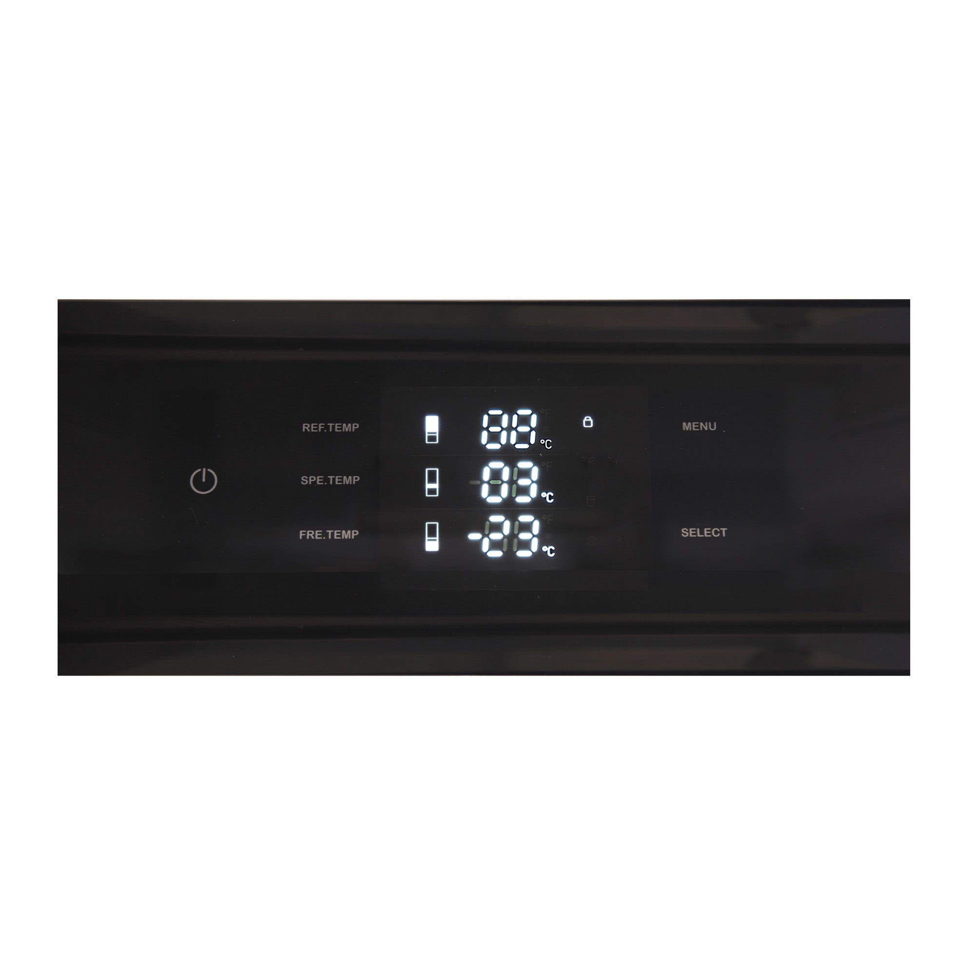 Black refrigerator control panel with temperature display and selection buttons.