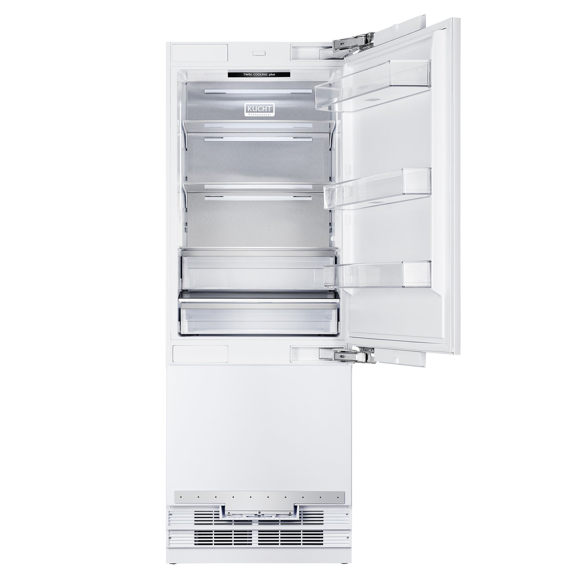 White built-in refrigerator with open bottom freezer, shelves, and drawers, counter depth.
