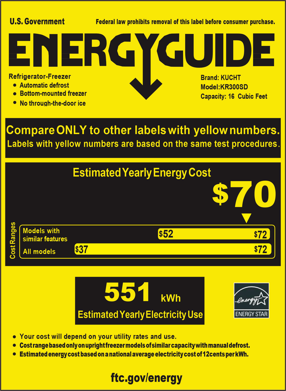 EnergyGuide label for Kucht refrigerator-freezer, bottom freezer, estimated yearly cost $70.