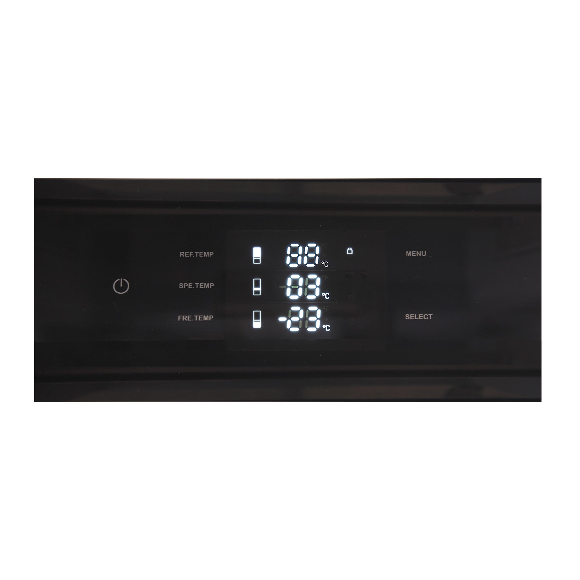 Built-in refrigerator control panel with digital temperature readouts and select buttons