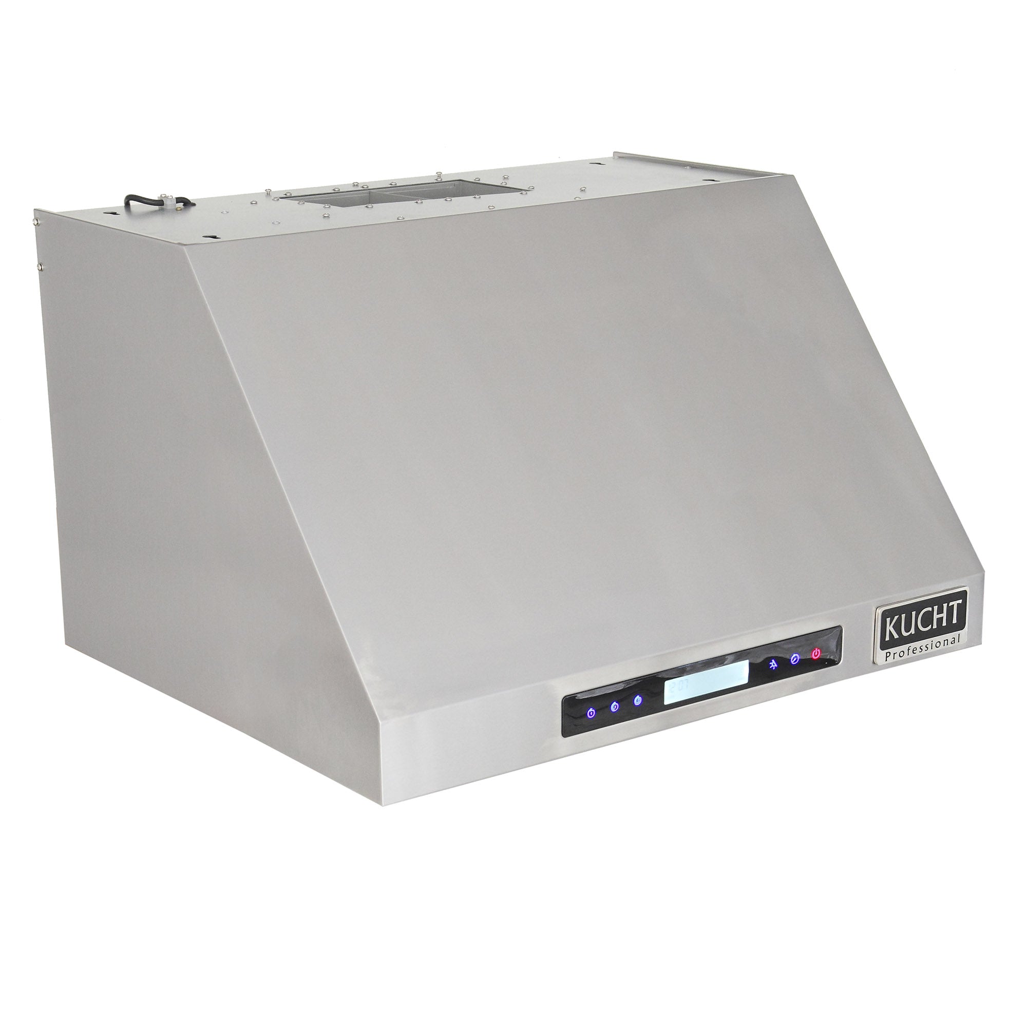 Under-cabinet range hood angled view with front controls and side housing