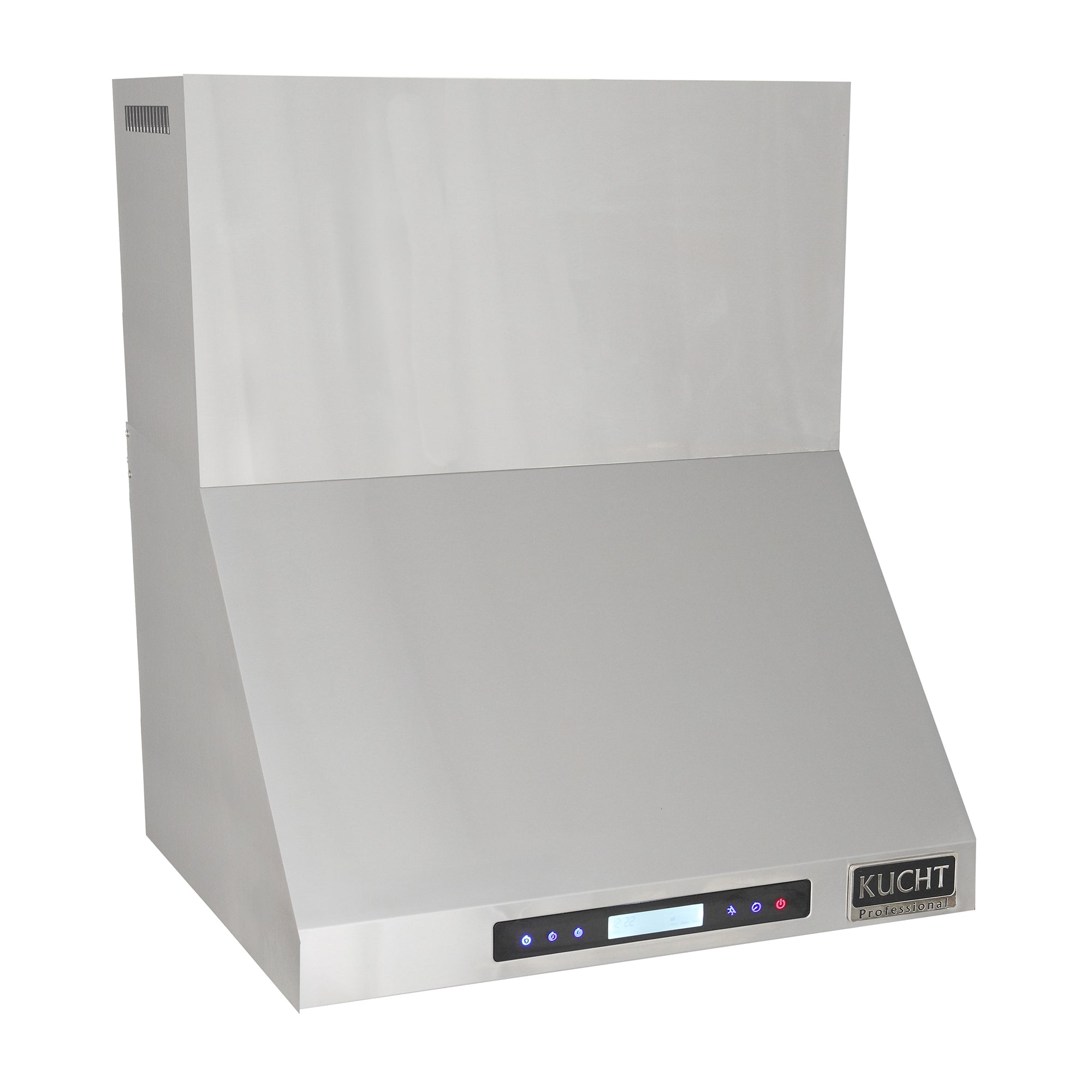 Stainless steel wall range hood with control panel and LED indicator lights
