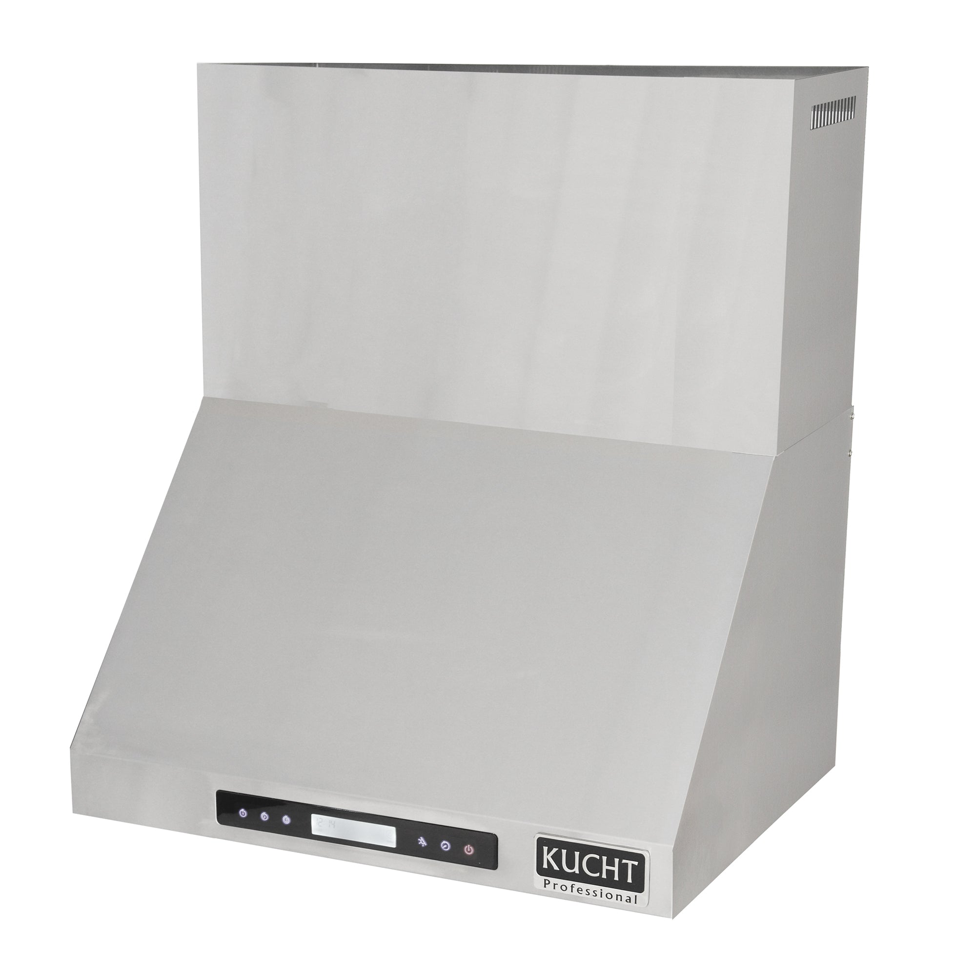 Stainless steel wall mounted range hood front-left view with LED control panel and brand badge