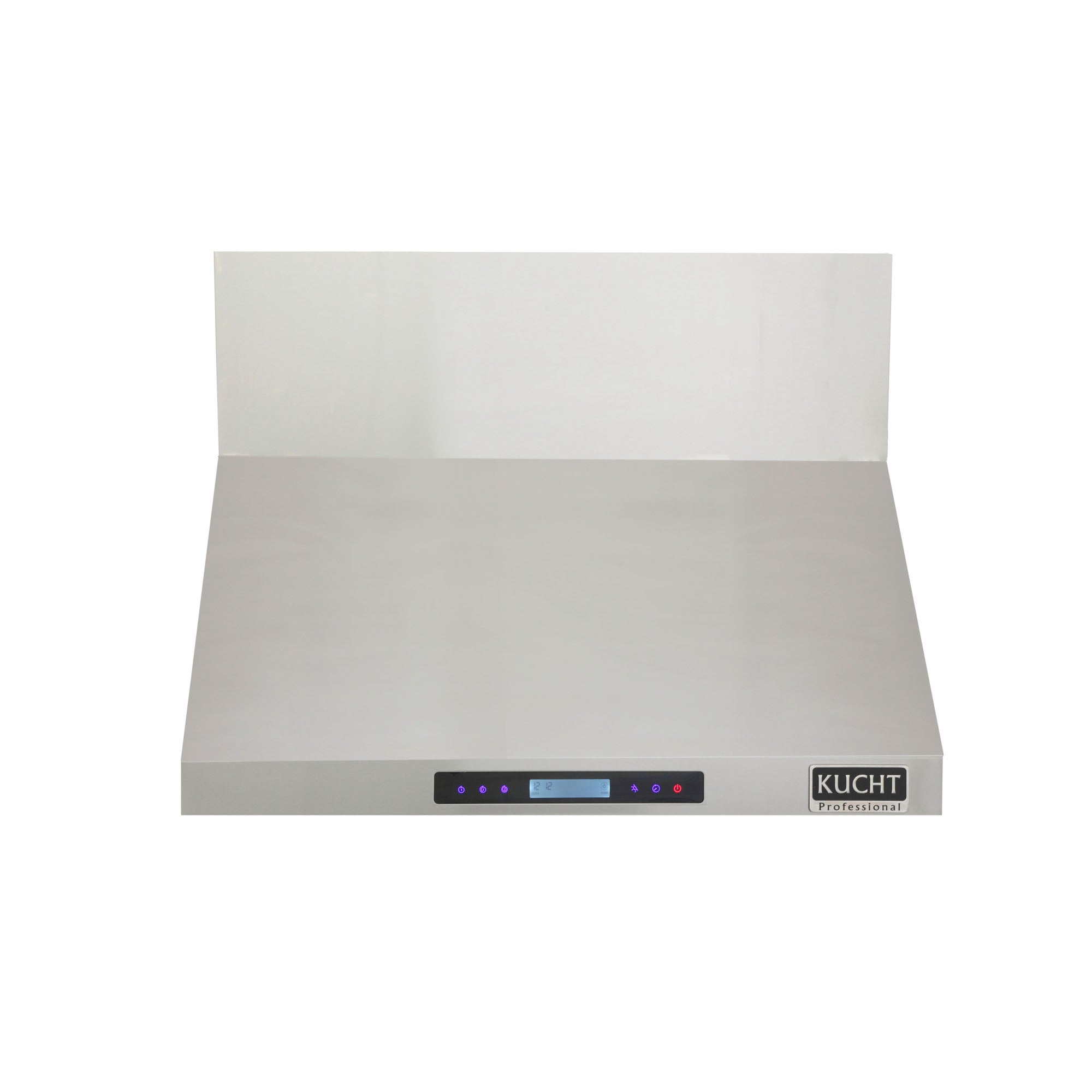 Stainless steel wall mounted range hood front view with LED control panel and control buttons