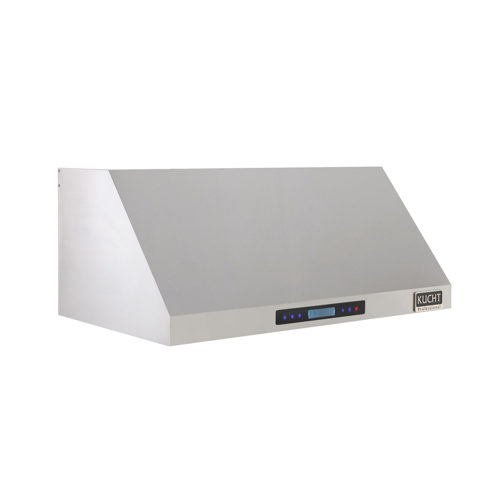 Stainless steel under-cabinet range hood angled view with control panel