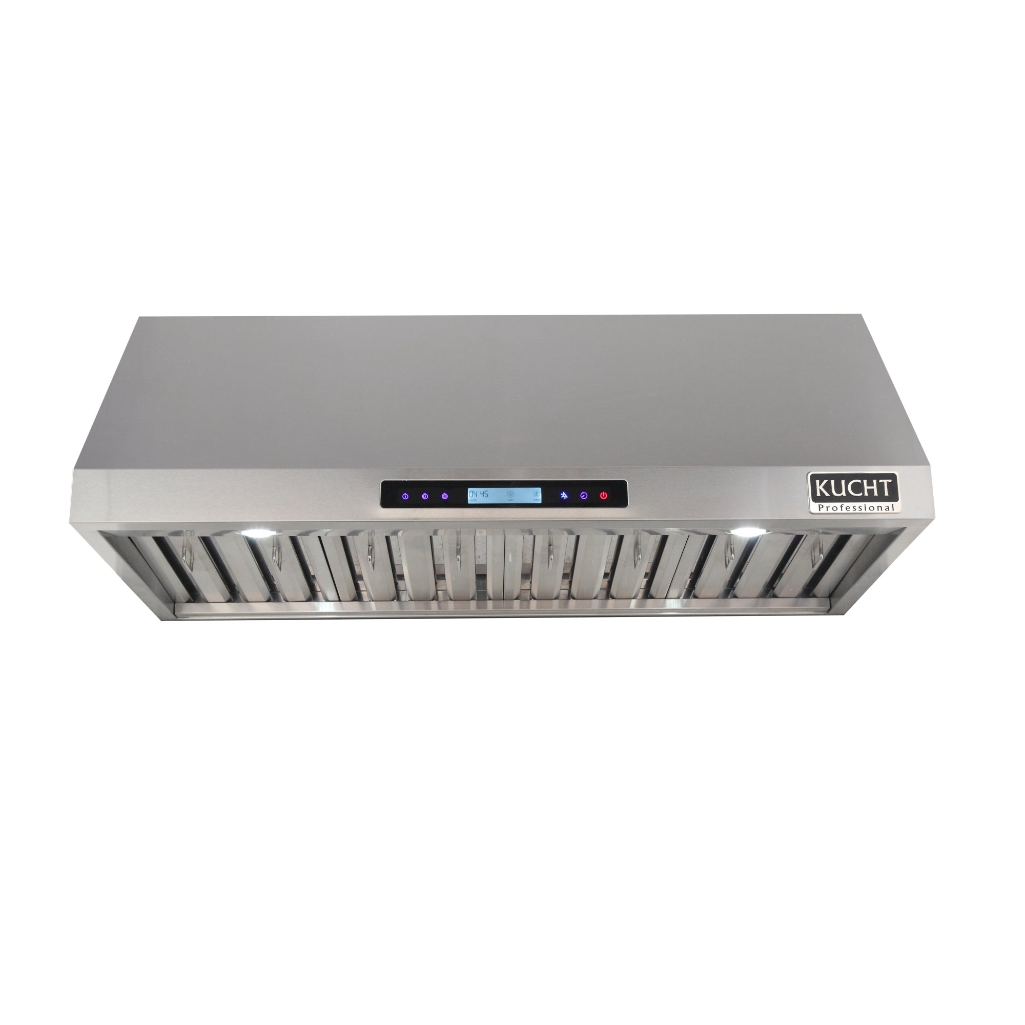 Stainless steel under-cabinet range hood showing ribbed filter opening and control panel