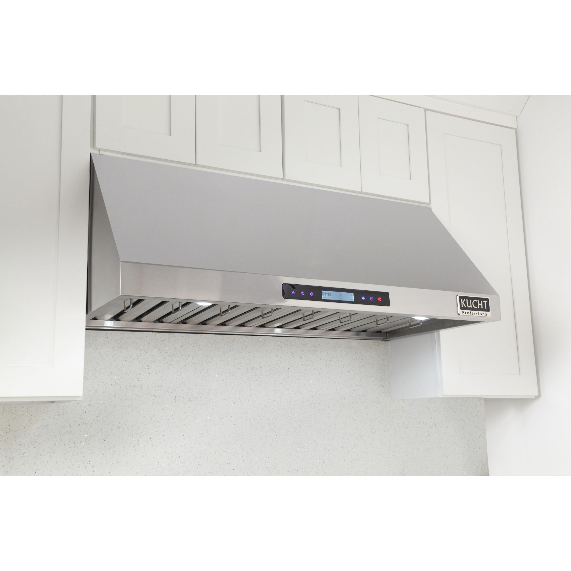 Stainless steel under-cabinet range hood installed under cabinets with filter grille