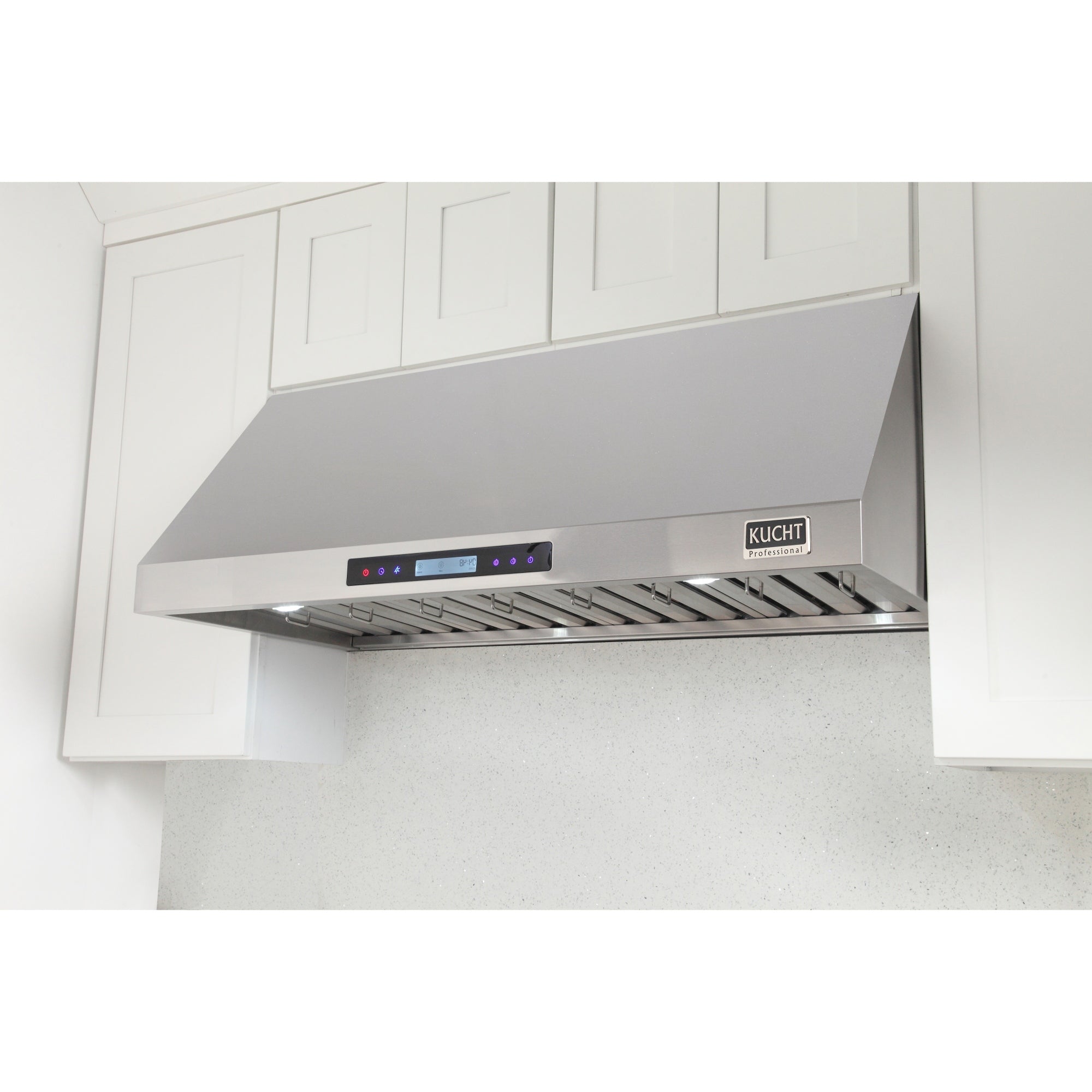 Stainless steel under-cabinet range hood under cabinet with control panel and filter grille