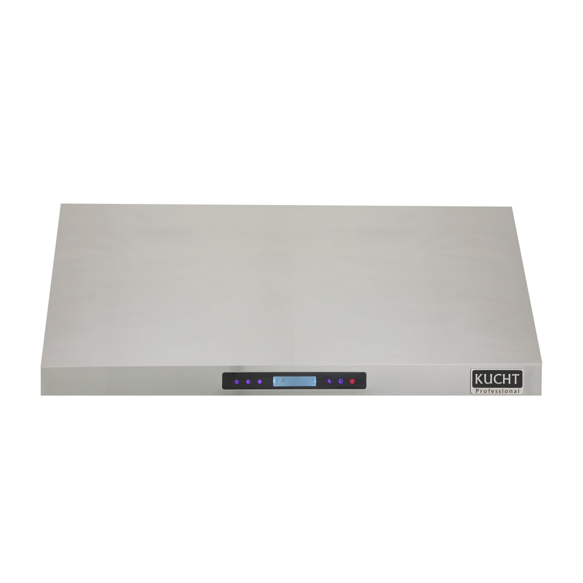 Stainless steel under-cabinet range hood front view with center display and Kucht badge