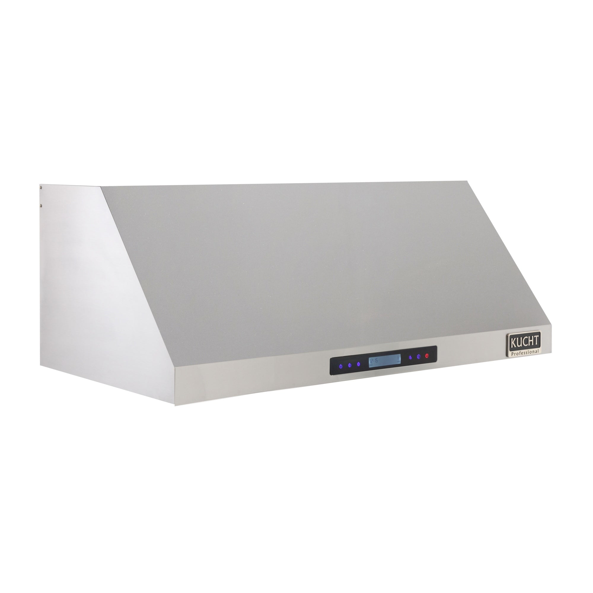 Stainless steel under-cabinet range hood side view with control panel and Kucht badge