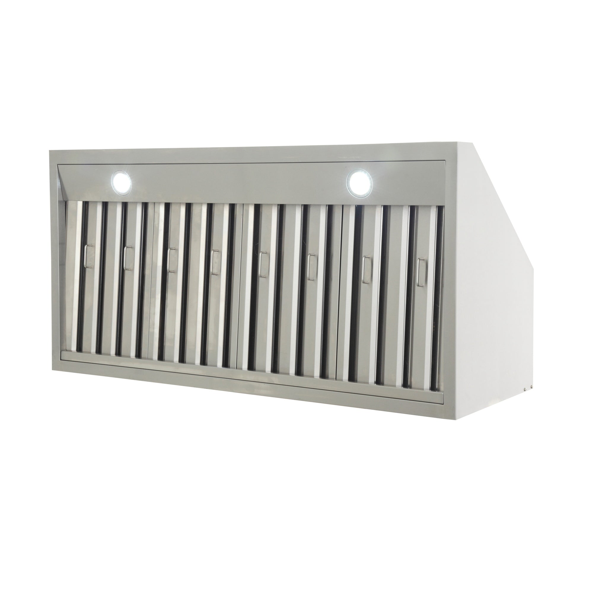 Stainless steel under-cabinet range hood front grille with two lights and vent bars