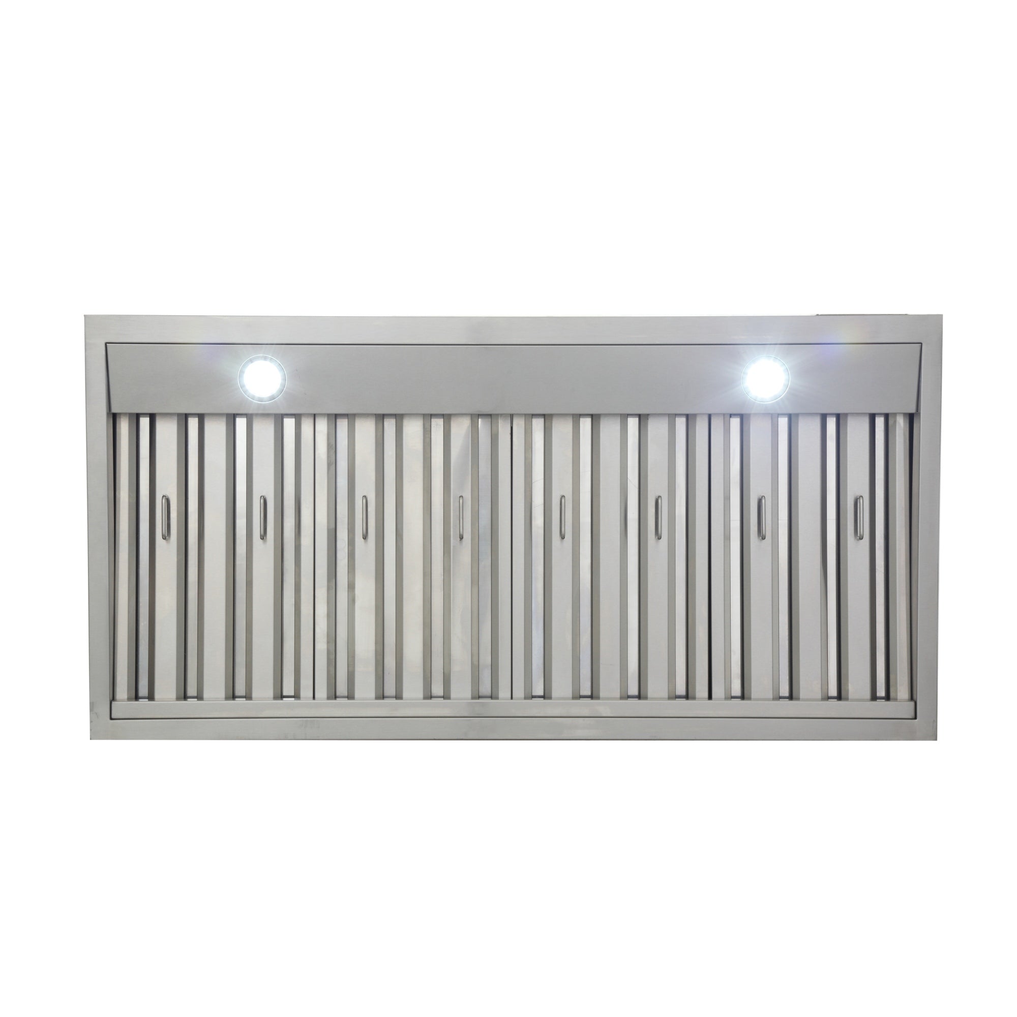 Stainless steel under-cabinet range hood with front vent bars and two illuminated lights