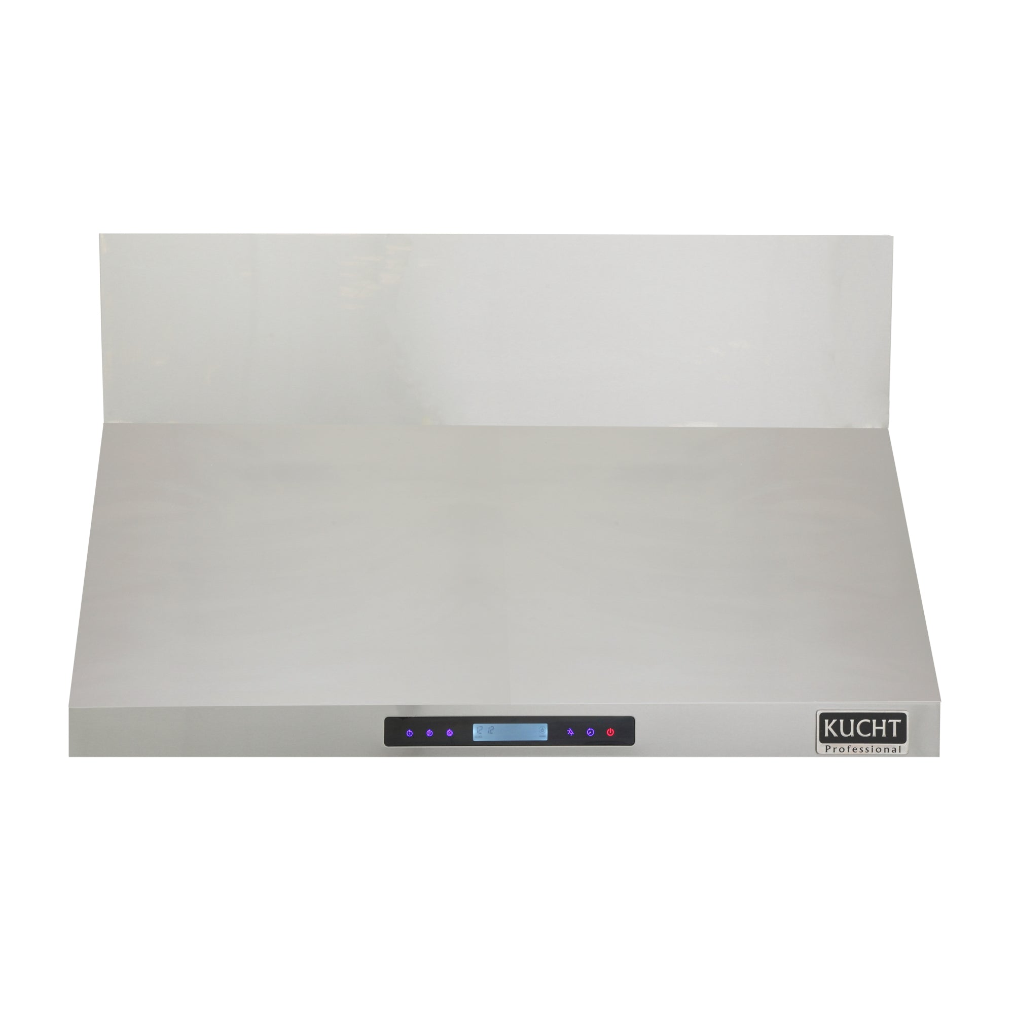 Stainless steel wall mounted range hood with front control panel and slim canopy