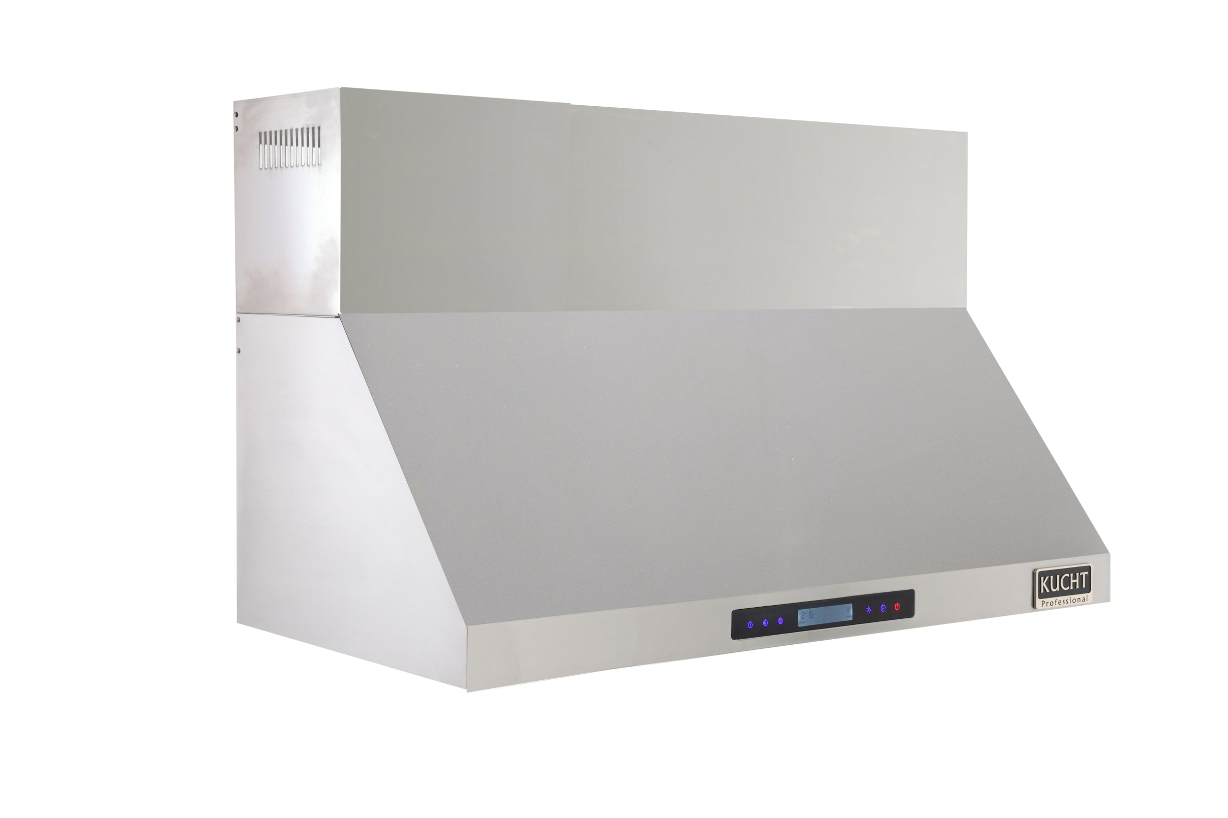 Stainless steel wall mounted range hood with angled canopy and chimney side panel