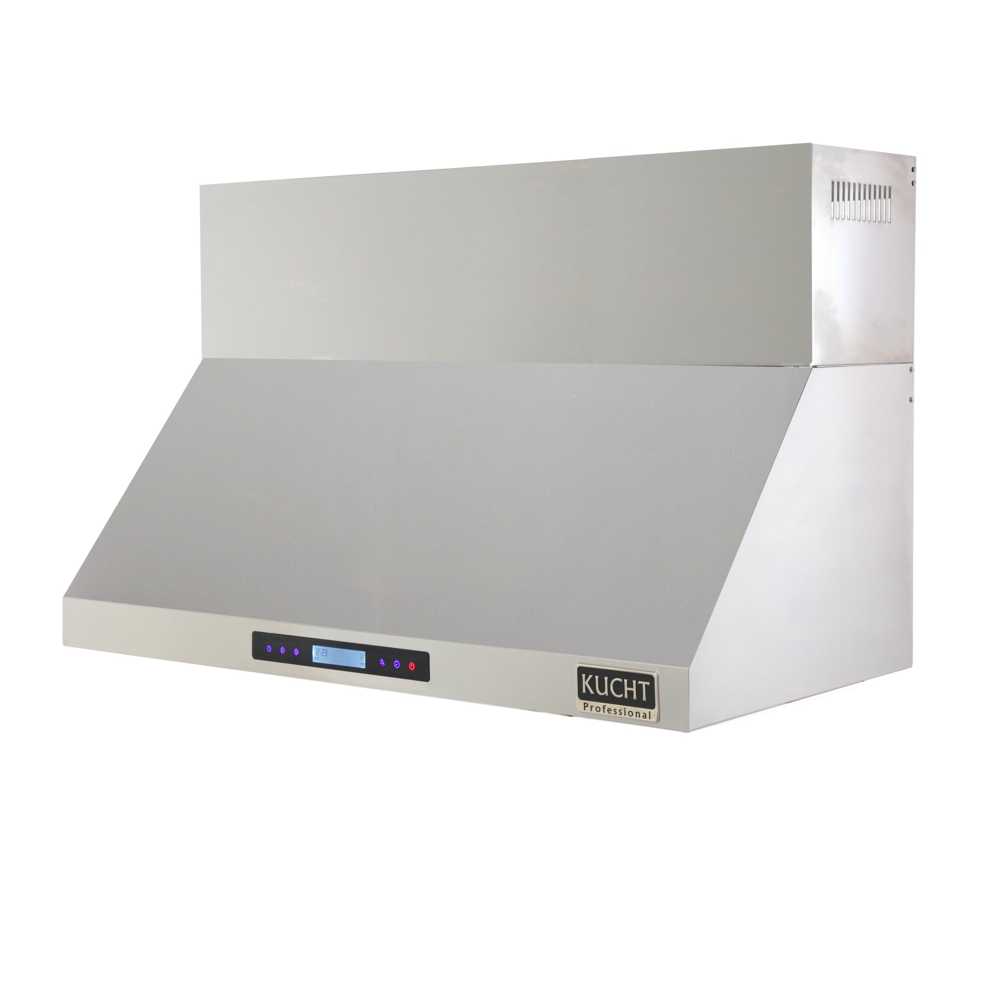 Stainless steel wall mounted range hood with front control panel and illuminated strip
