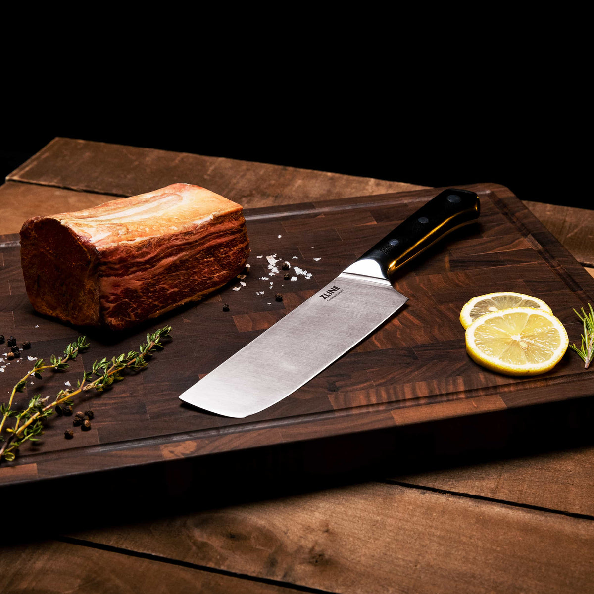 ZLINE kitchen knife with white steel blade and black handle, three rivets