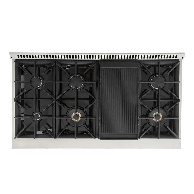 Open gas cooktop with black grates and burners, with a griddle-style center insert.