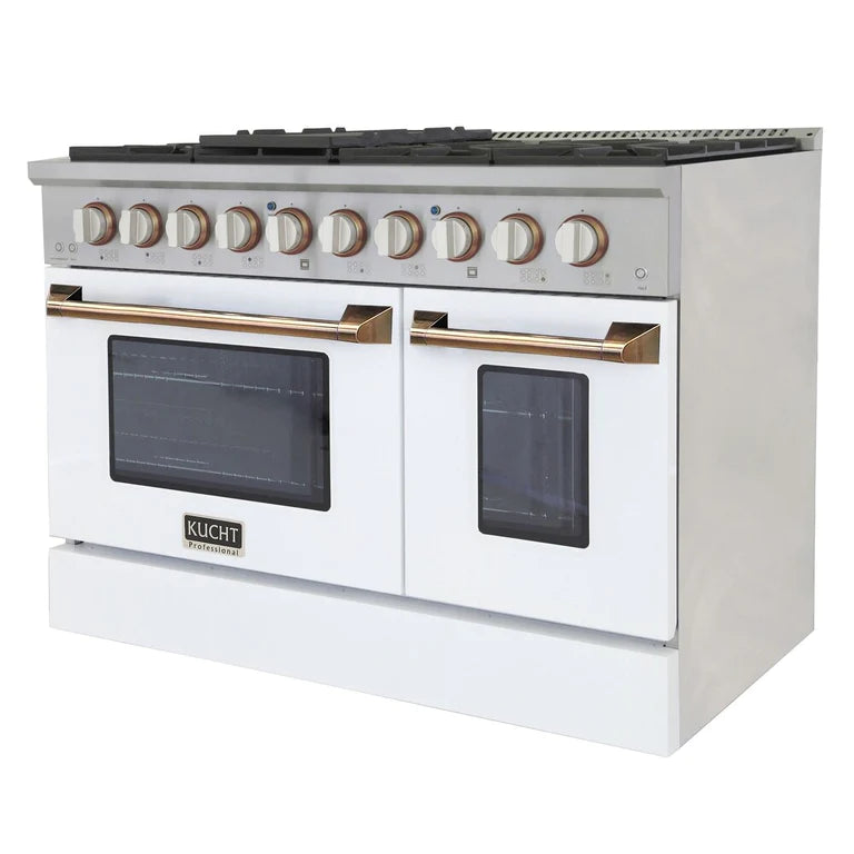 White gas range with convection oven, white knobs and gold bar handles, two dark oven doors.