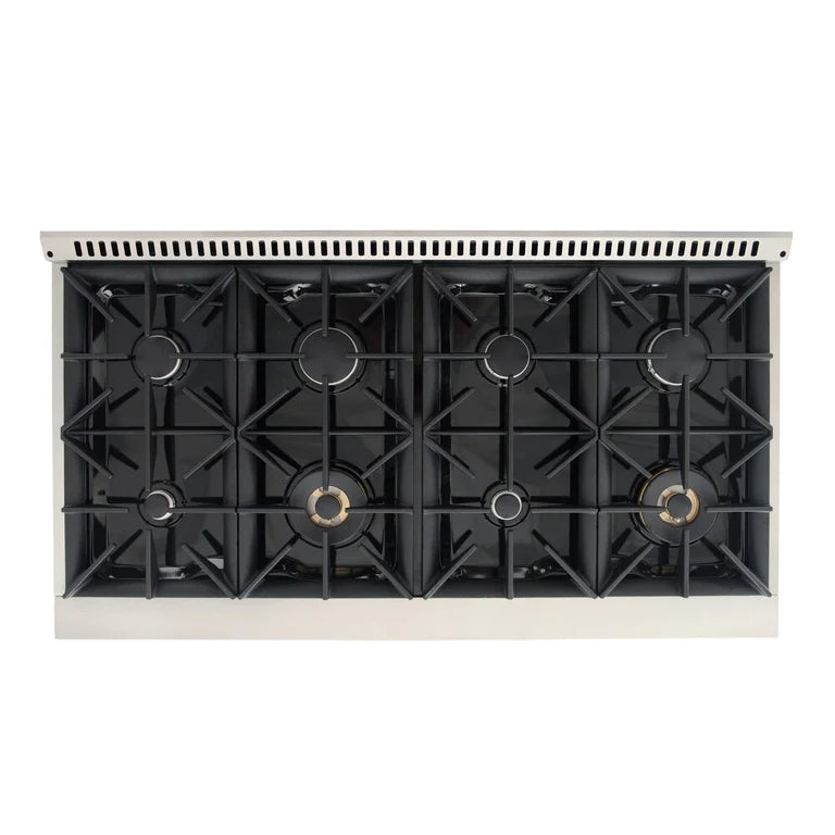 Open gas cooktop with black grates and multiple burners visible, including a center burner.