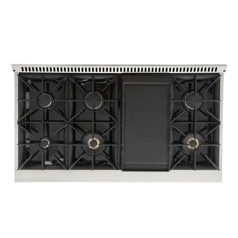 Open gas cooktop with black grates and burners, including a large center burner.