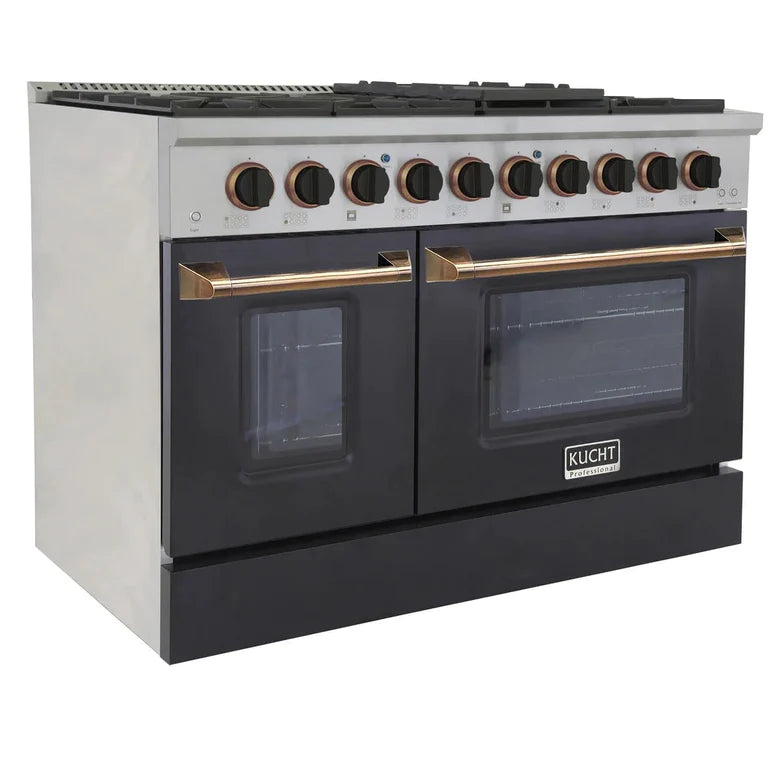 Freestanding gas range with black oven doors, gold bar handles, and knob control row