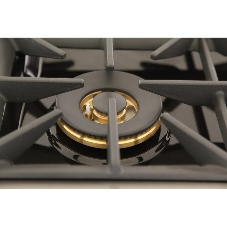 Single gas burner with dark grate and gold inner ring, centered on the range top.