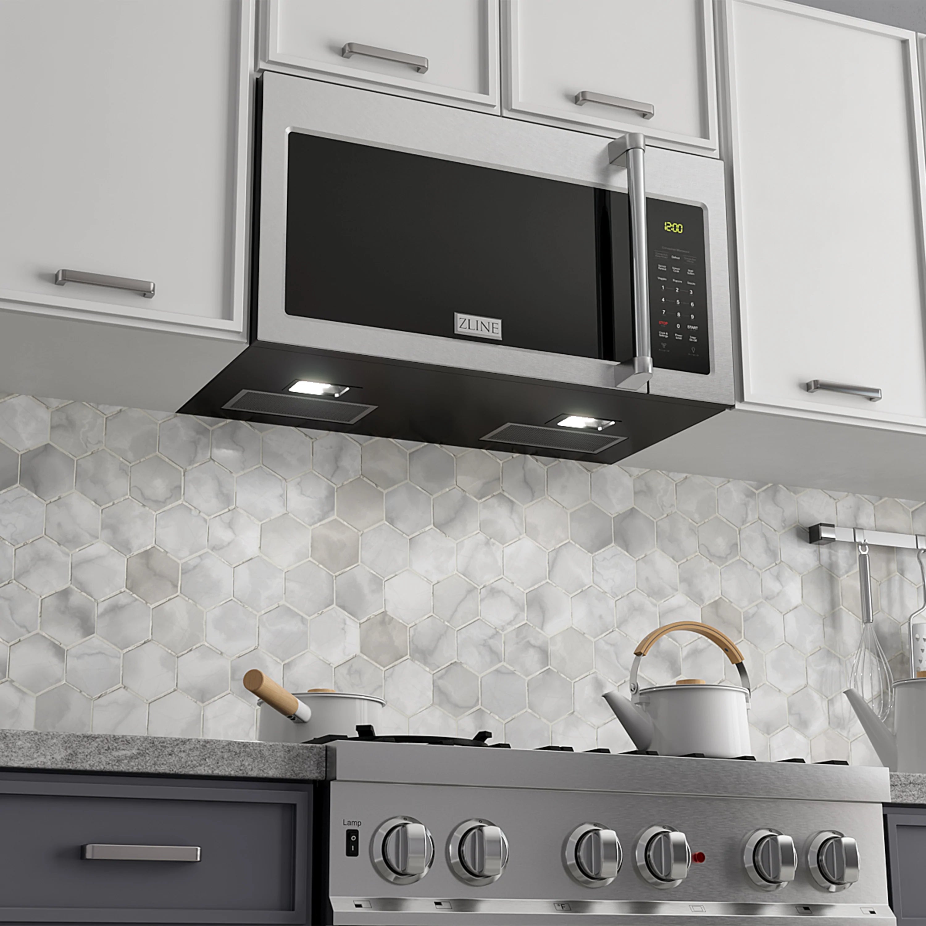 Stainless range hood with vent lights and gas cooktop knobs beneath
