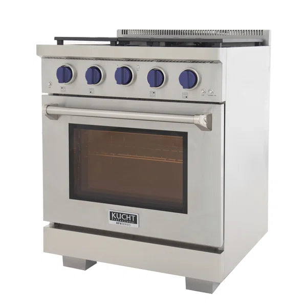 Stainless steel gas range front with blue control knobs and oven window