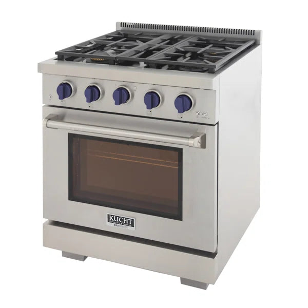 Stainless steel gas range with blue control knobs and oven door with viewing window