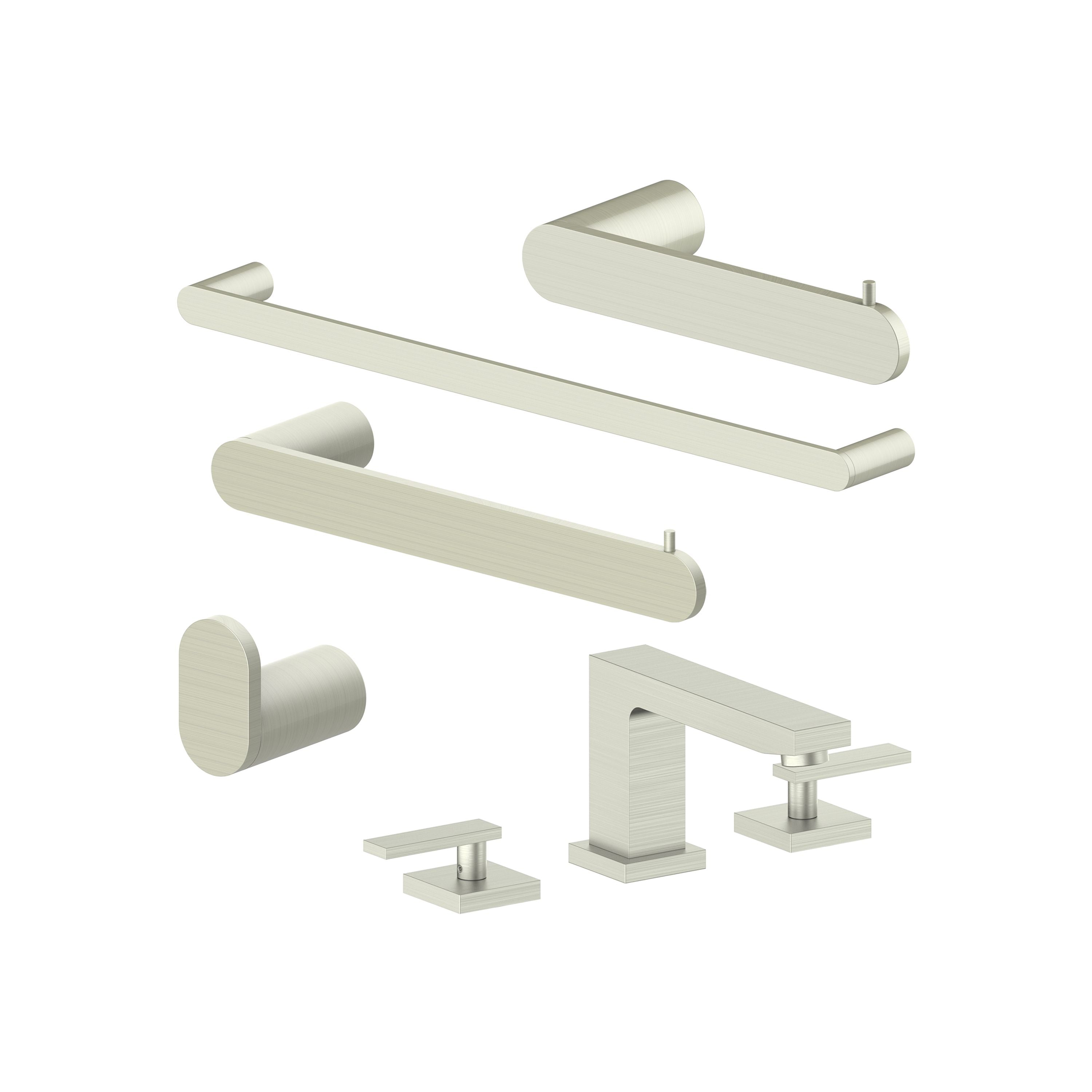 Brushed nickel bathroom accessory set with towel rails, hook, and toilet paper holder