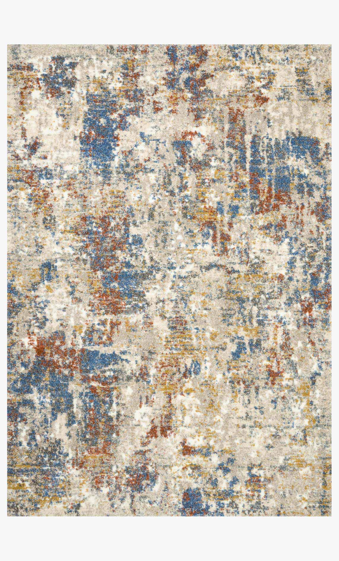 Multi-color abstract power-loomed rug with distressed speckled pattern and flat weave edges.
