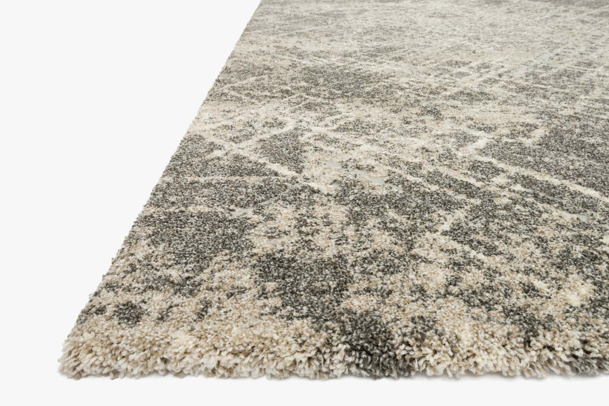 Stone and gray geometric power-loomed rug with textured edge, low pile