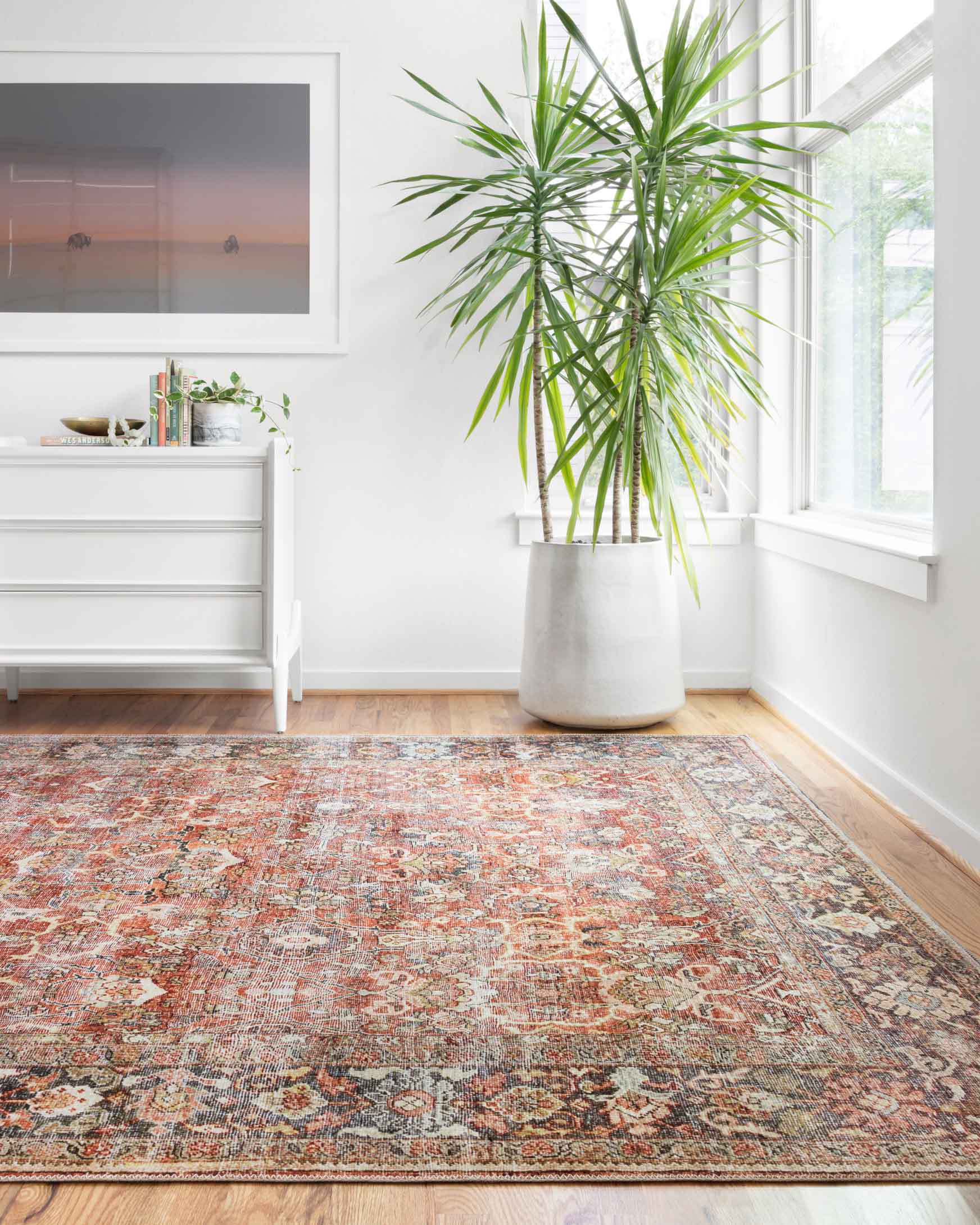 Spice-and-marine Persian-style rug in corner view, showing full decorative border