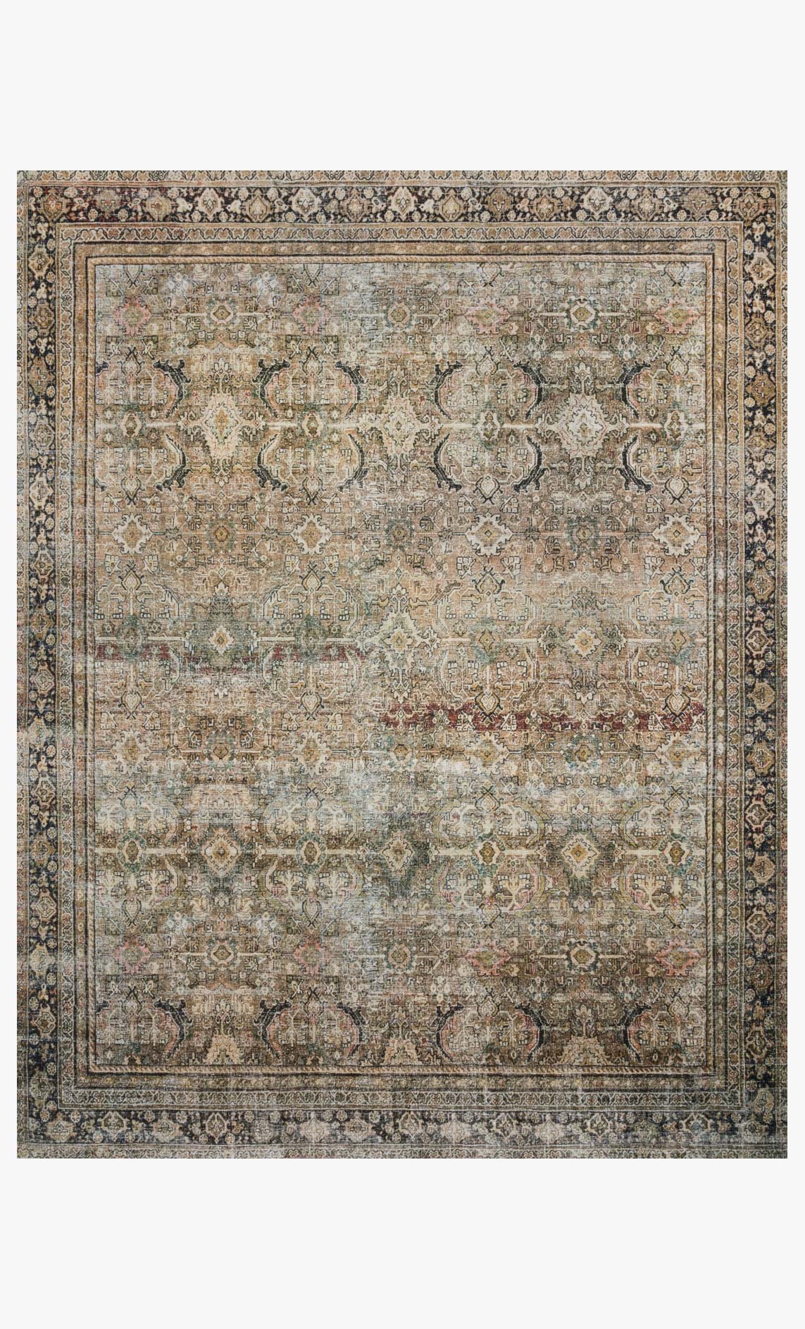 Traditional power-loomed rug with ornate distressed medallion pattern, olive and charcoal.