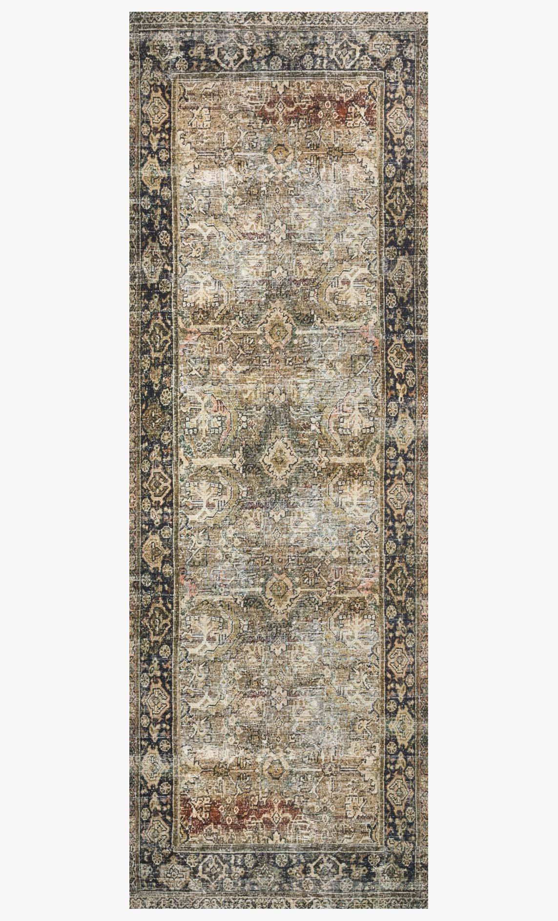 Full traditional power-loomed rug with repeating ornamental motifs, olive and charcoal.